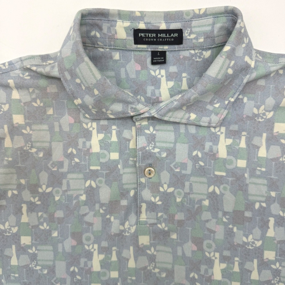 Peter Millar Polo Shirt Mens L Blue Crown Crafted Wine Print Performance Golf